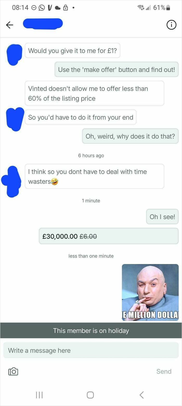 Chat conversation on Vinted showing negotiation attempt and a wild price change highlighting unhinged online selling behavior.