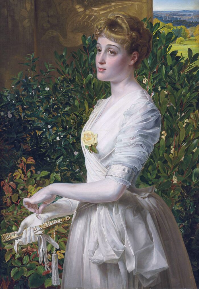 Victorian era woman in a white dress holding gloves, surrounded by greenery, reflecting bizarre and creepy Victorian facts.