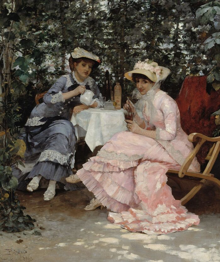 Two Victorian women in period dresses and hats sitting outdoors with tea, illustrating bizarre and creepy Victorian facts.