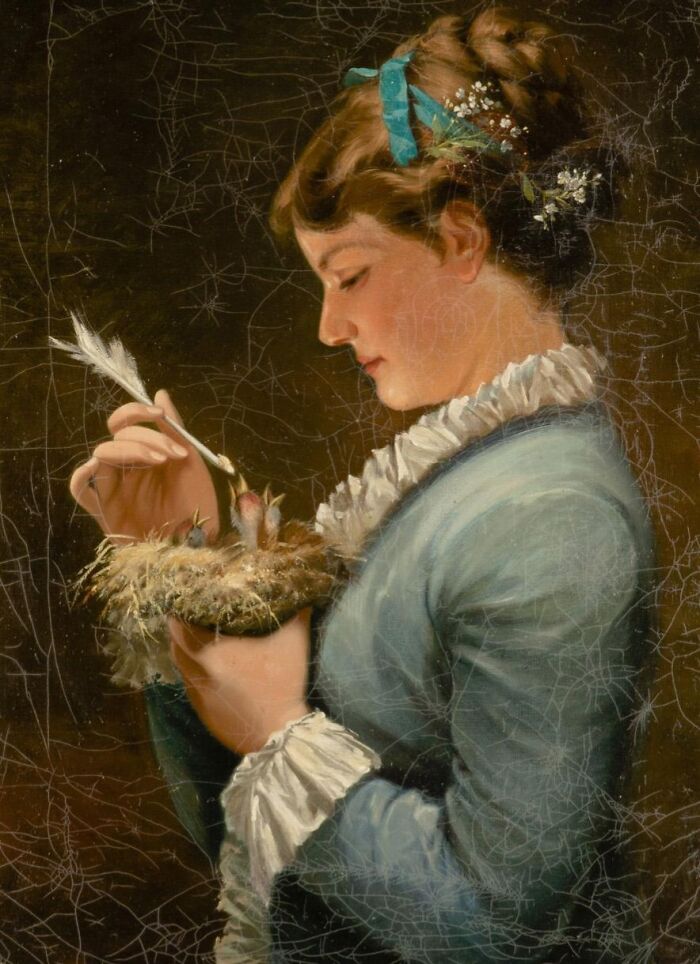 Victorian woman in period dress feeding baby birds in a nest, illustrating creepy Victorian facts and customs.