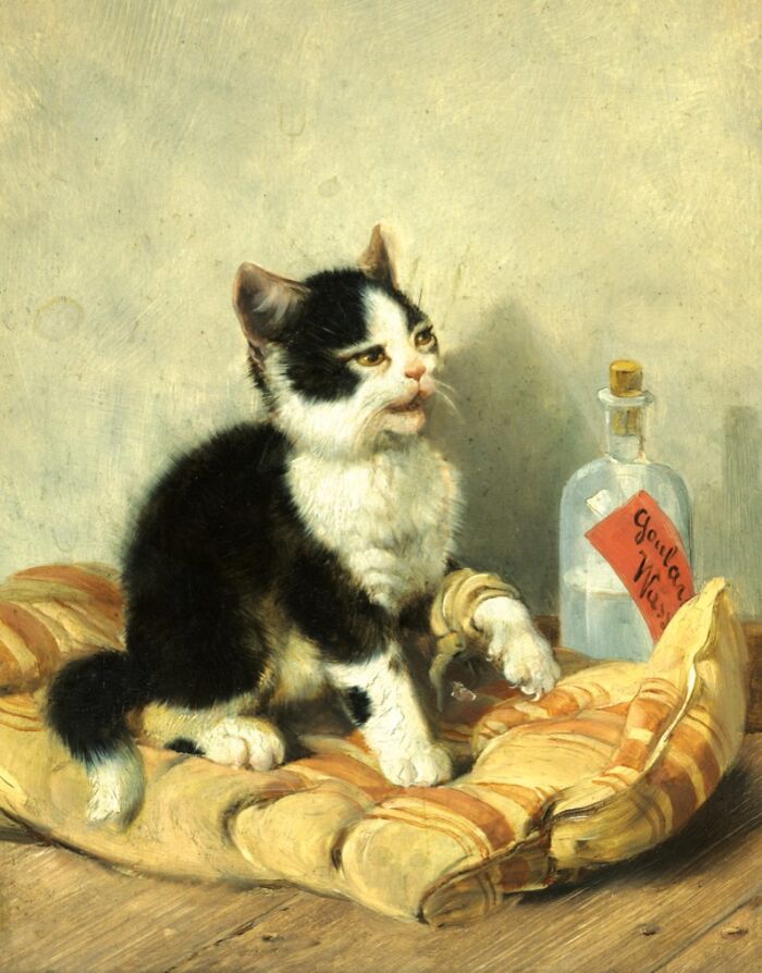Victorian era painting of a black and white cat with a human-like facial expression on a striped cushion.