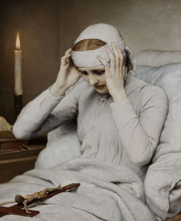 Victorian woman in bed holding her head, with a candle and a crucifix, depicting bizarre and creepy Victorian facts.