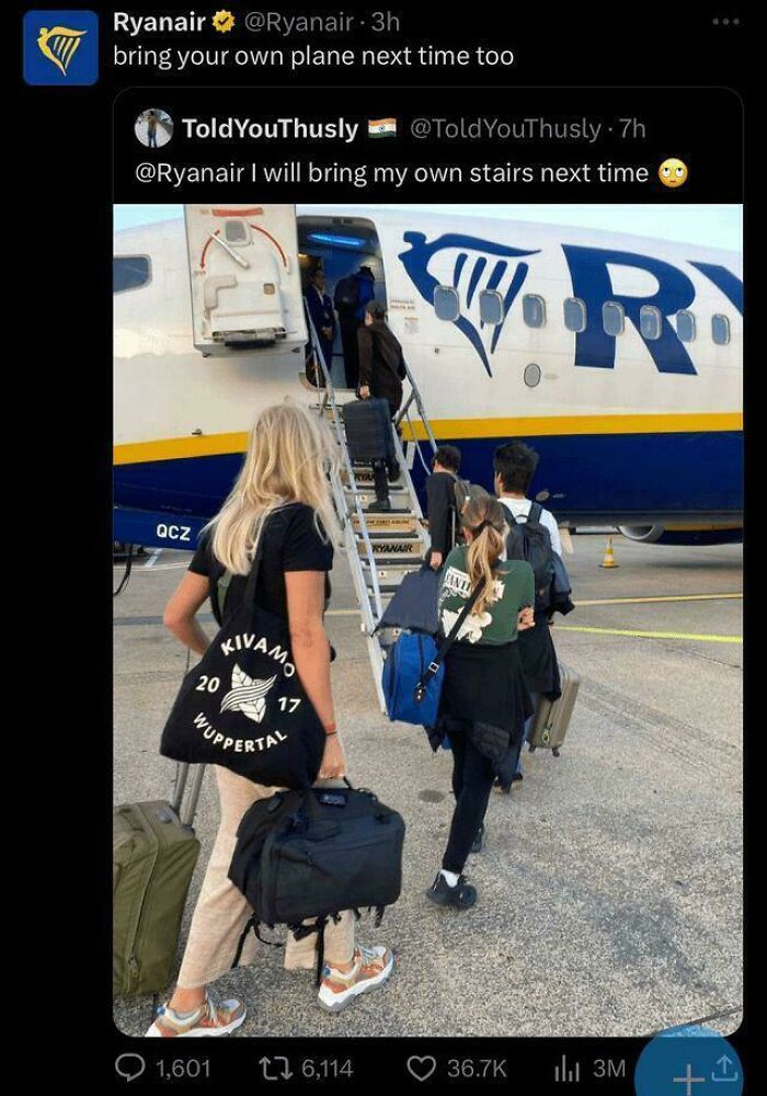Ryanair's brutal comeback to a passenger boarding with luggage and stairs, showcasing sharp business comebacks.
