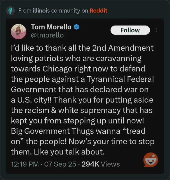 Twitter post thanking 2nd Amendment patriots defending Chicago against a tyrannical government, fitting chaotic good theme.