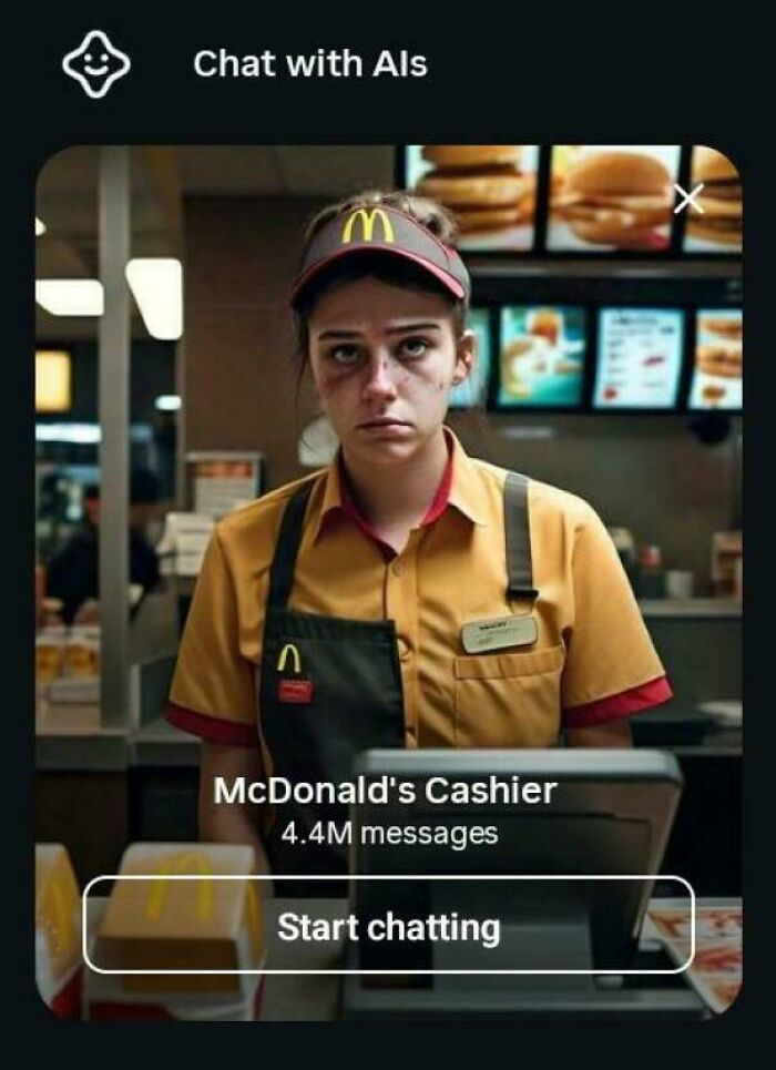 Young McDonald's cashier with a tired expression behind the counter in a real-life dystopian US scene.