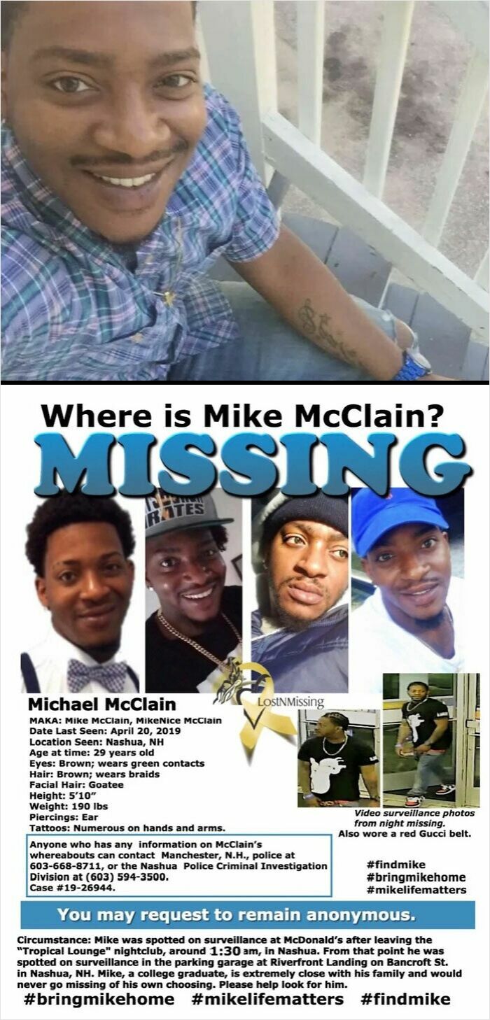 Photo collage of a missing man named Mike McClain with details of his disappearance and contact information.