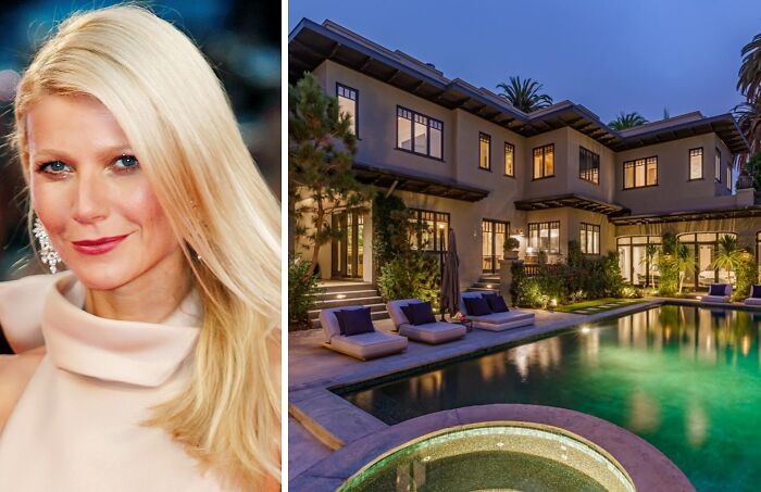 Blonde female celebrity portrait next to a large luxury childhood home with a pool at dusk showing celebrity childhood homes.