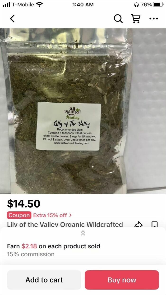 Package of Lily of the Valley herbal tea with instructions, highlighting edible plants and close-to-death experiences.