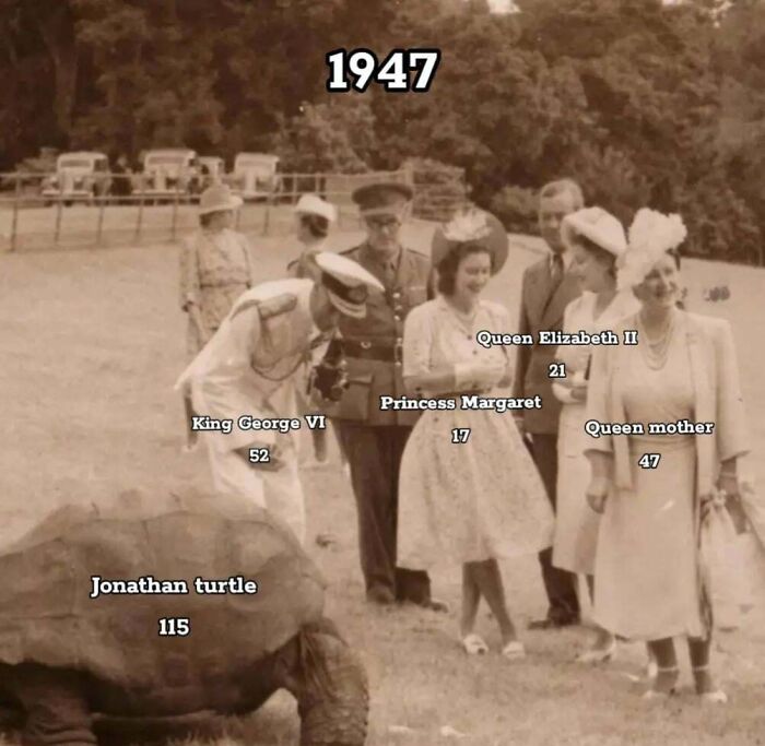 1947 photo comparing ages of British royals and Jonathan turtle to show perception of time differences