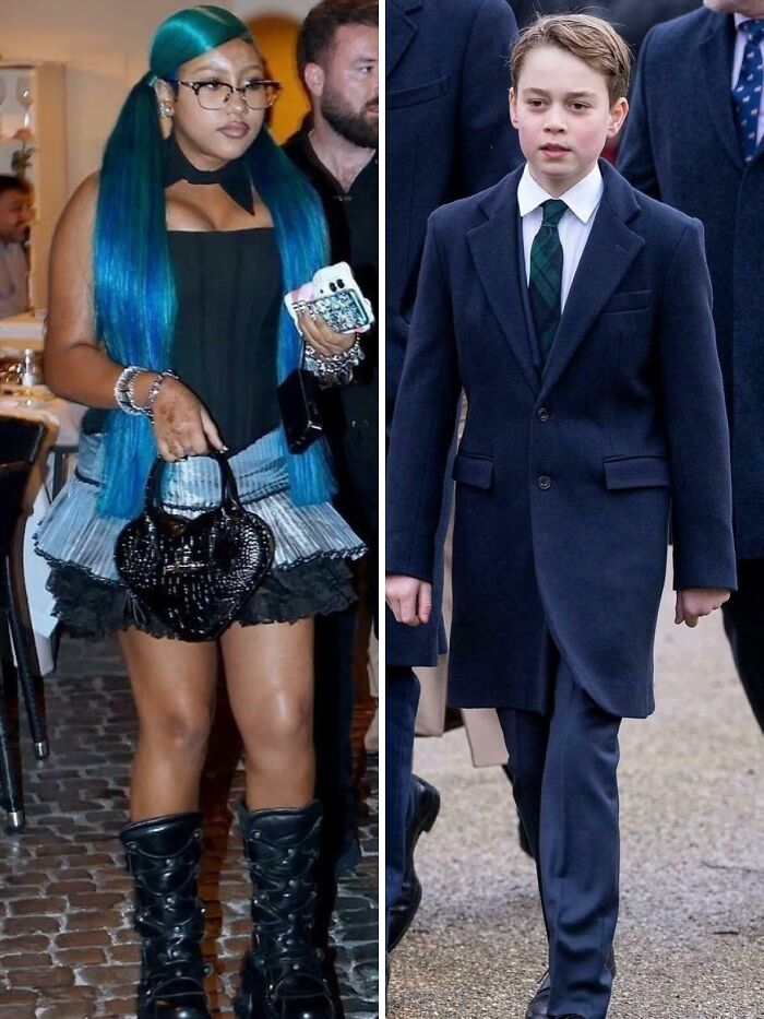 Side-by-side comparison of a woman with blue hair and a boy in formal wear, highlighting perception of time differences.