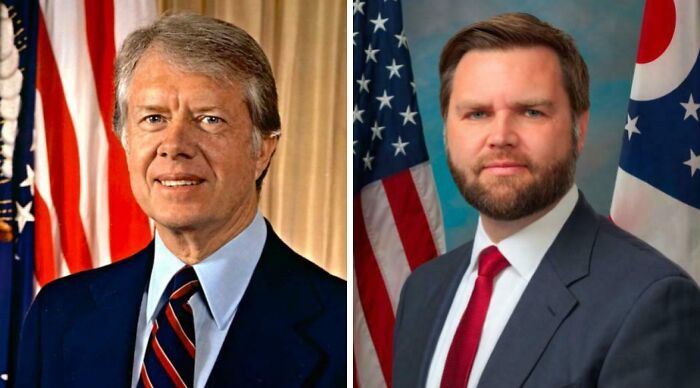 Two men in suits posing formally with American flags in the background, illustrating random comparisons messing with perception of time.