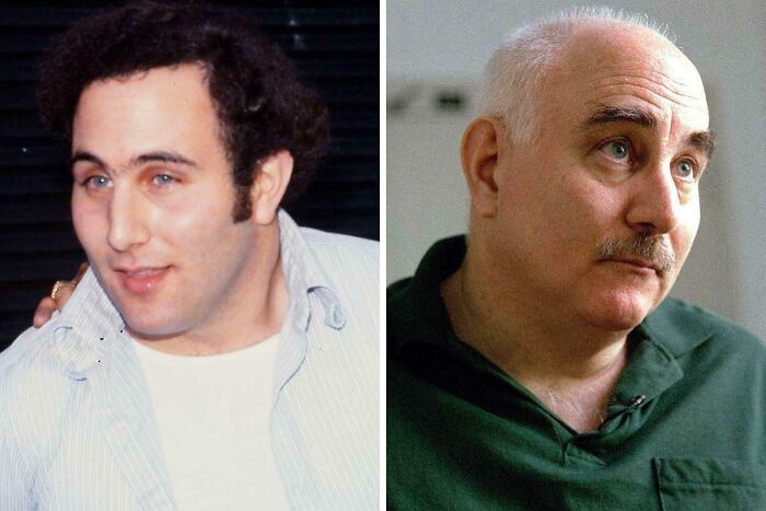 Side-by-side photos of a man at two different ages showing a visual comparison that affects perception of time.