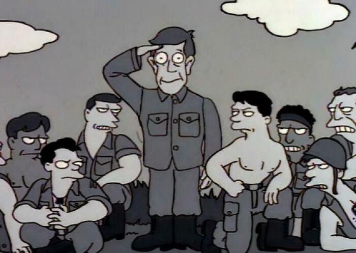 Animated black and white group photo of soldiers posing outdoors, illustrating a random comparison affecting perception of time.