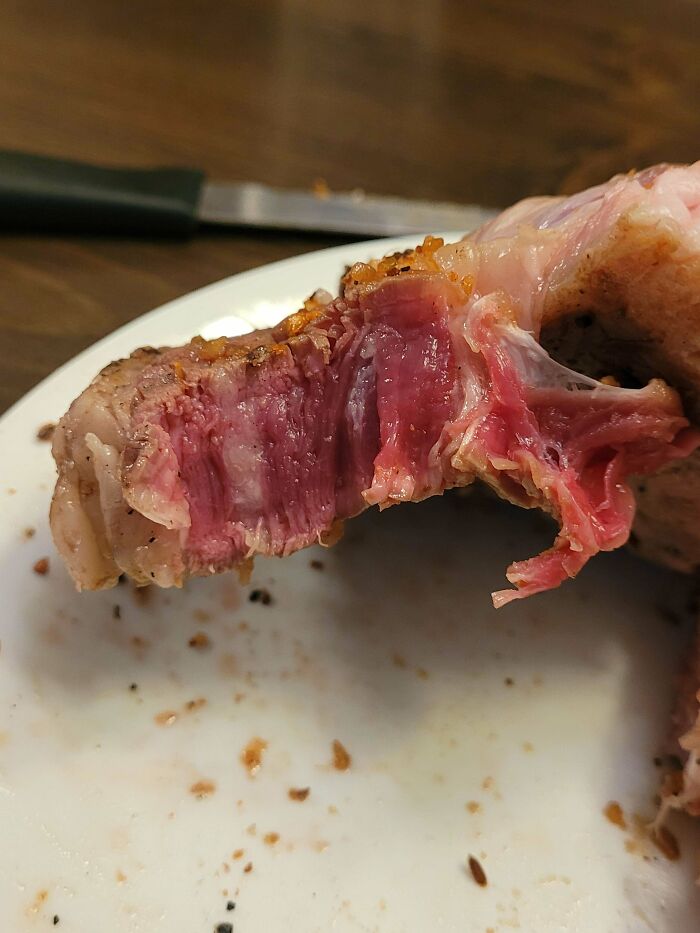 Partially cooked meat with raw, pink center on a white plate, illustrating one of the dishes that are just stupid.