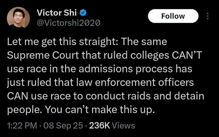 Tweet by Victor Shi highlighting a bold tweet that hits a nerve about Supreme Court race rulings with 236K views.