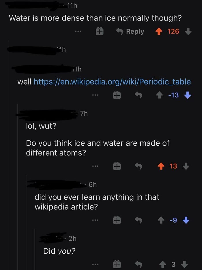 Online conversation showing people confidently debating basic science facts but embarrassingly wrong about water and ice density.