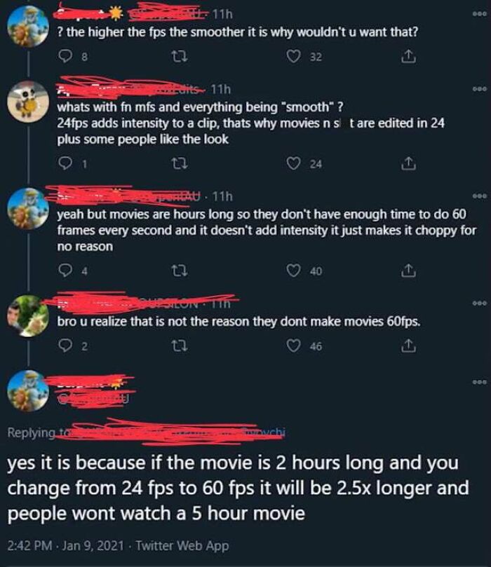 Twitter users debating frame rates in a confident but embarrassingly wrong discussion about movies and fps length.