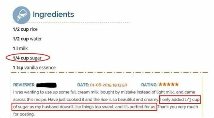 Recipe ingredient list with a highlighted reviewer comment showing confident but wrong sugar measurement.