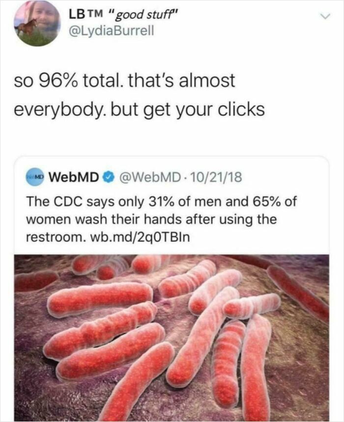 Twitter conversation about handwashing habits with CDC statistics and an image of magnified bacteria showing confident yet wrong beliefs.