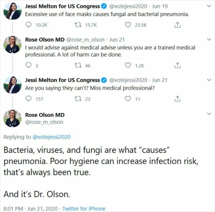 Twitter exchange showing a confident claim about pneumonia causes proved embarrassingly wrong by a medical professional.