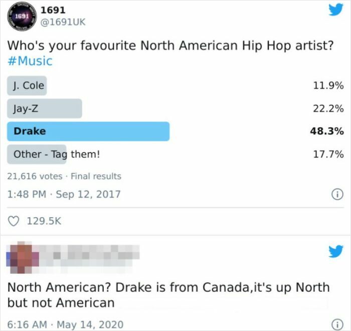 Twitter poll showing Drake as top North American hip hop artist, followed by a comment debating the geographic classification.