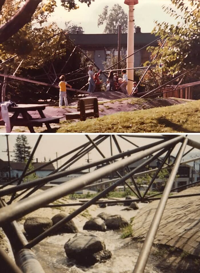 Historic playground with metal climbing structures and children playing outdoors in a risky vintage kids play area.