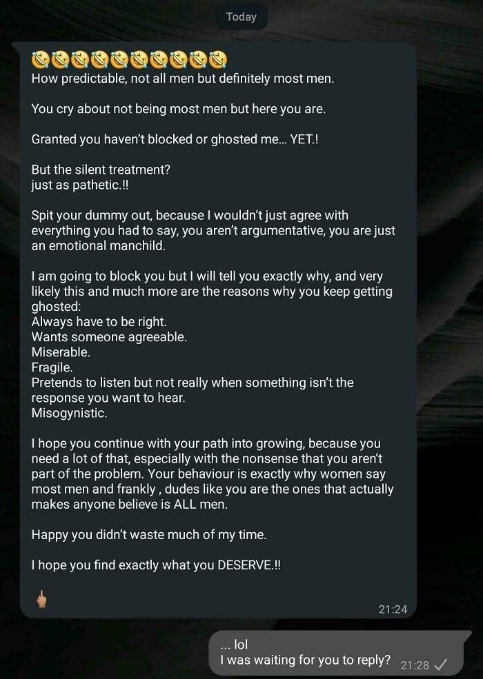 Text message exchange showing women called out online for delusional and crazy behavior with harsh criticism and emotional language.