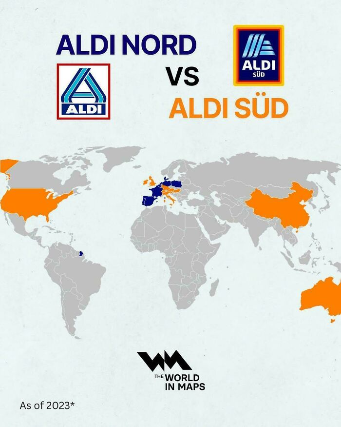 Map showing Aldi Nord vs Aldi Süd store locations around the world, highlighting differences in presence across countries.