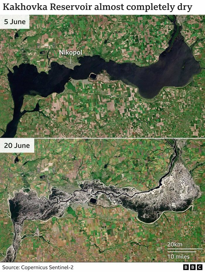 Satellite images of Kakhovka Reservoir drying up, shown in two maps dated June 5 and June 20, illustrating environmental change.