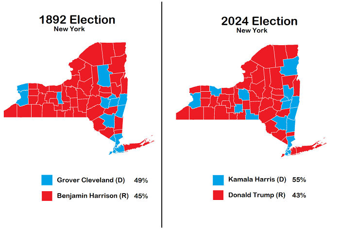 Comparison maps of New York election results in 1892 and 2024 highlighting political shifts and informative maps insights.