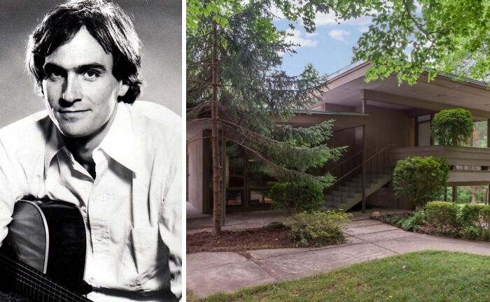 Black and white photo of a young musician beside a mid-century modern celebrity childhood home with surrounding trees and greenery