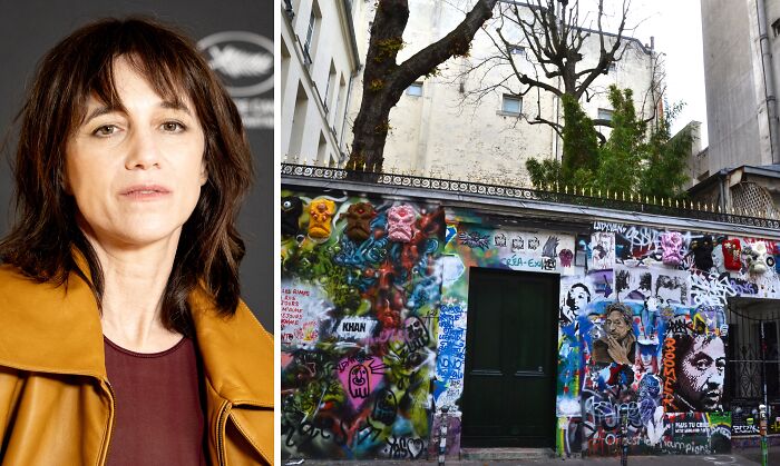 Side-by-side image of a woman and a colorful graffiti-covered exterior wall of a celebrity childhood home showing humble beginnings.