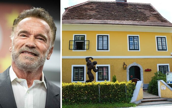 Left side portrait of Arnold Schwarzenegger smiling, right side photo of his yellow childhood home with a statue in front.