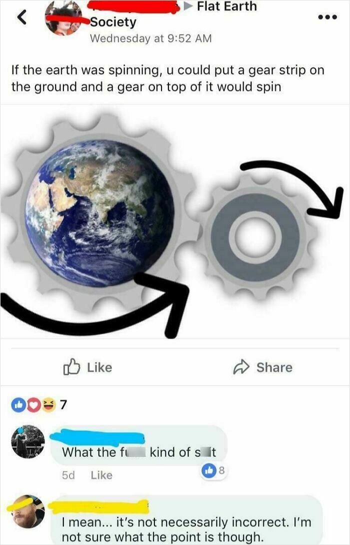 Social media post showing flat earth theory idea with gear illustration, highlighting confident but embarrassingly wrong claims.