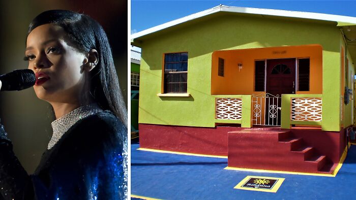 Singer performing next to a colorful celebrity childhood home, showcasing humble beginnings through vibrant exterior colors.