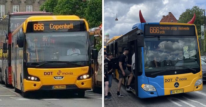 Two city buses in Denmark with route number 666, one yellow and one blue, on urban streets with passengers boarding.