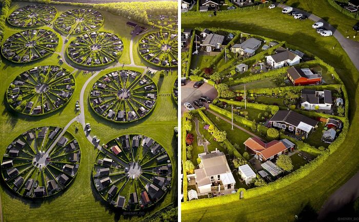 Aerial view of a Danish prison cell complex with circular housing units surrounded by green lawns and pathways.