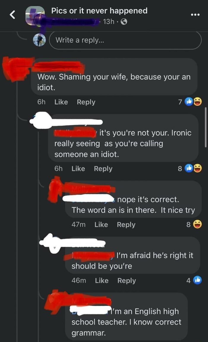 Facebook screenshot showing a grammar argument exemplifying people being confidently wrong in an embarrassing way.