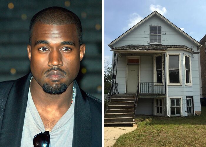 Kanye West next to a photo of his childhood home showcasing celebrity childhood homes and their humble beginnings.
