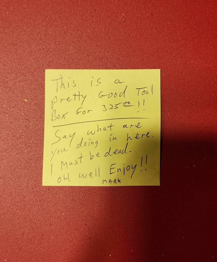 Handwritten note on yellow paper showing a dad's humorous parenting moment and advice about a tool box.