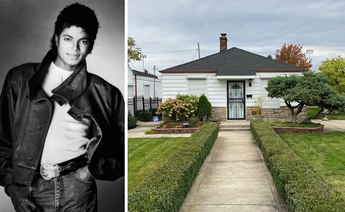 Black and white portrait of a young celebrity next to a modest childhood home with neatly trimmed hedges and lawn.