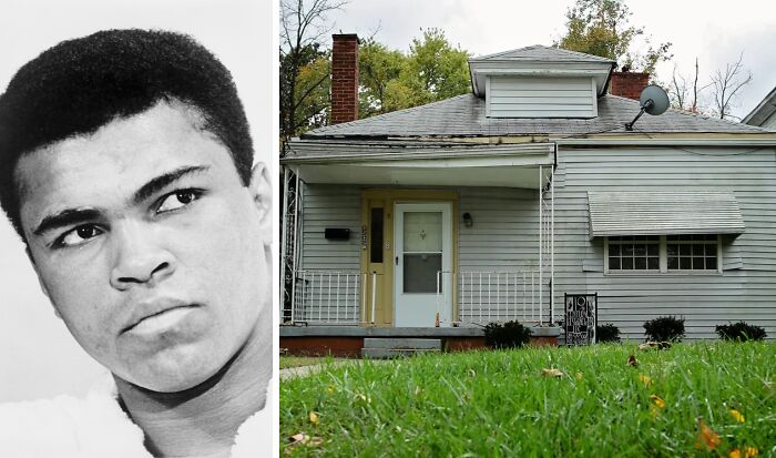 Black and white portrait of a young celebrity beside an image of a modest childhood home with gray siding and a small porch.