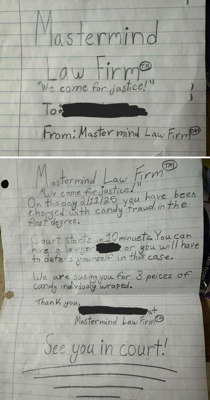 Handwritten pretend law firm notes show a dad playfully charging a child with candy fraud in a wholesome parenting moment.