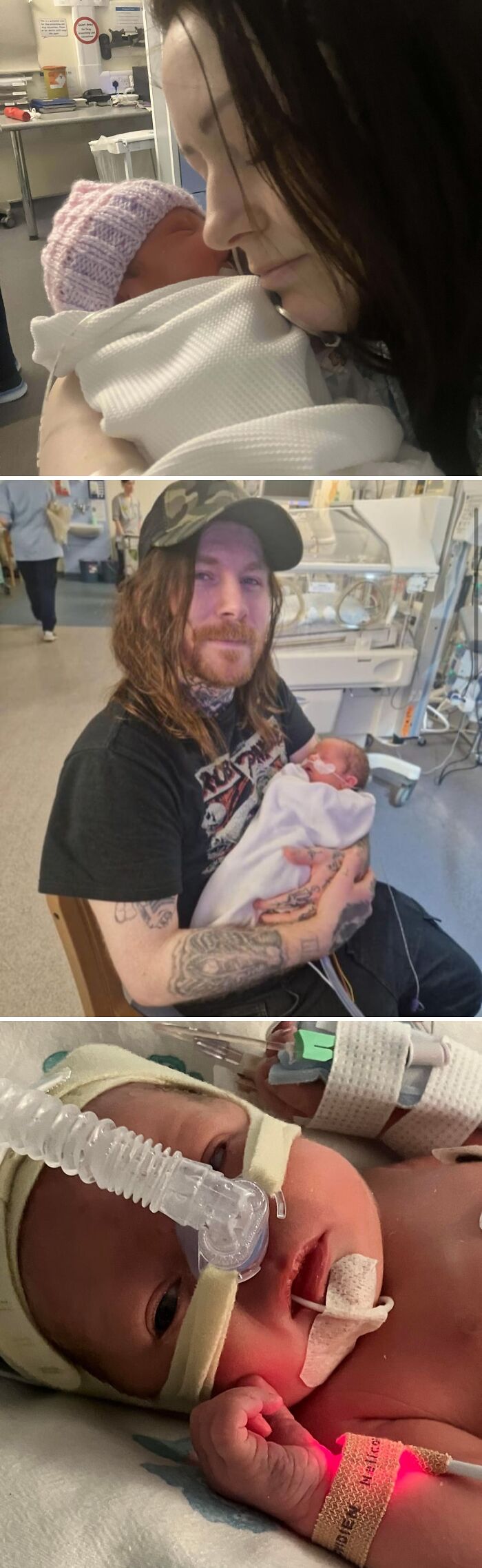 Mom and dad each holding newborn in hospital NICU, capturing touching wholesome dads parenting moments with babies.