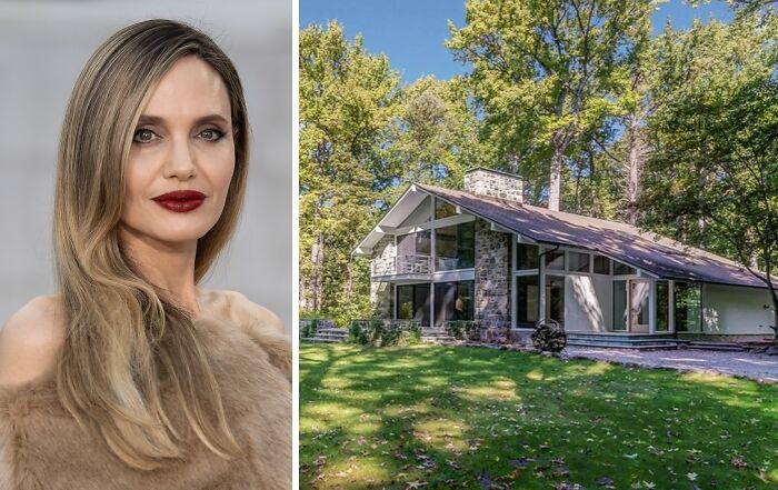 Angelina Jolie portrait on the left and a forested modern celebrity childhood home with stone chimney on the right.