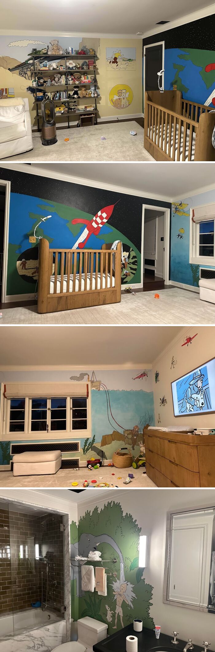 Nursery and bathroom walls painted with whimsical illustrations, showcasing dads doing their best parenting moments.