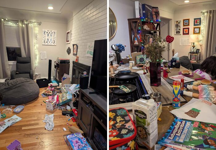 Cluttered living spaces showing dads managing parenting moments with toys, books, and daily household messes.