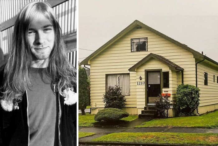 Black and white portrait of a young man alongside a modest yellow childhood home in suburban neighborhood for celebrity childhood homes.