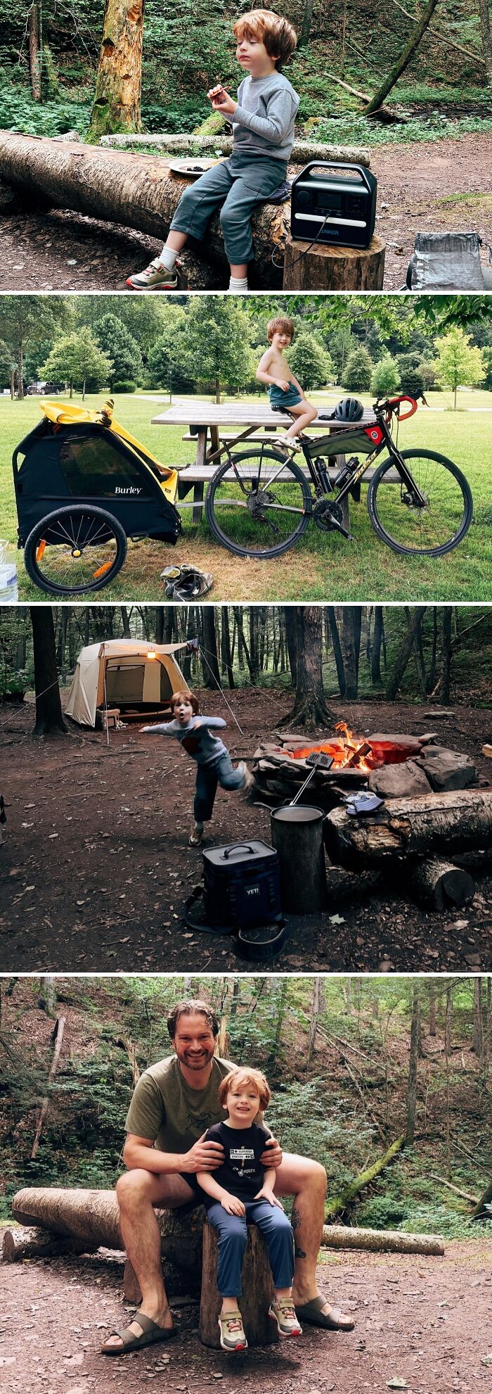 Child enjoying outdoor moments and dad parenting during camping and biking activities in a natural forest setting.