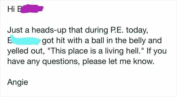 Screenshot of a humorous note from a teacher about a student yelling during P.E., showing wholesome parenting moments by dads.